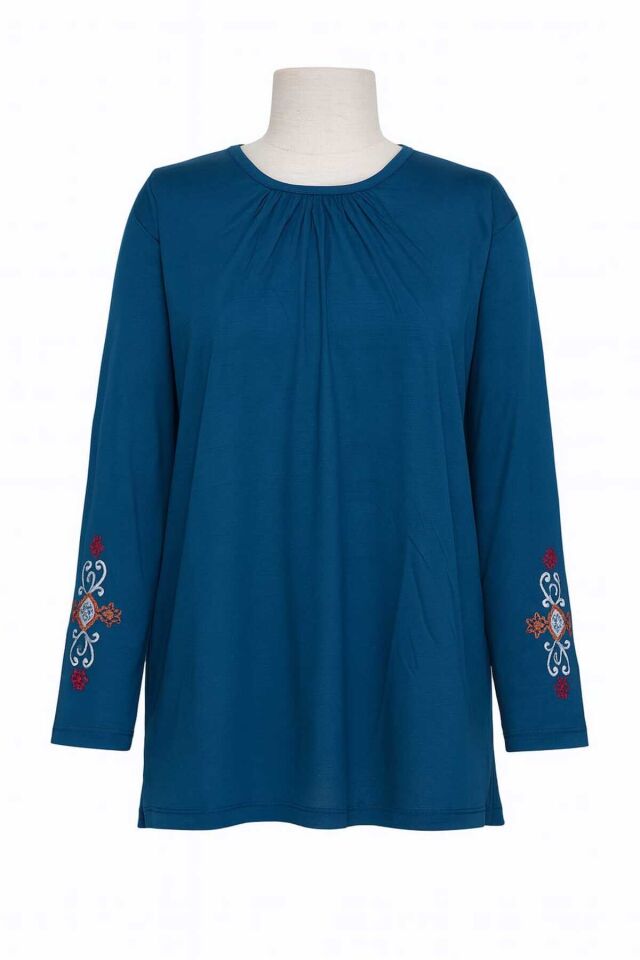 Kadın Likralı Orta Yaş Ve Üzeri Dört Mevsim Füme Anne Penye Bluz Yeni Sezon Kolu İşlemeli Açık Mavi - M