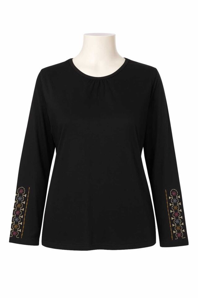 Kadın Likralı Orta Yaş Ve Üzeri Dört Mevsim Füme Anne Penye Bluz Yeni Sezon Kolu İşlemeli Siyah - 2XL