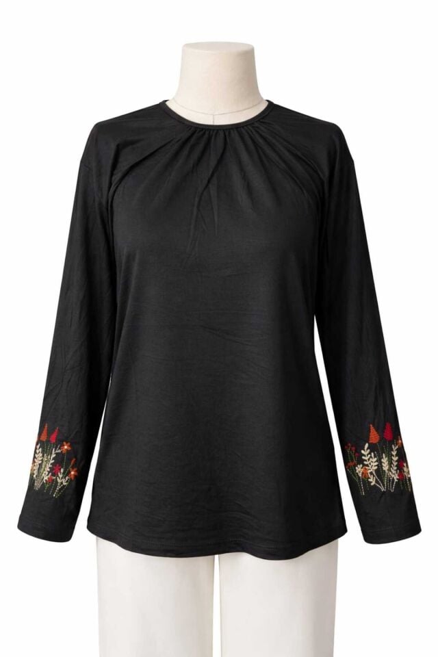 Kadın Likralı Orta Yaş Ve Üzeri Dört Mevsim Füme Anne Penye Bluz Yeni Sezon Kolu İşlemeli Siyah - L