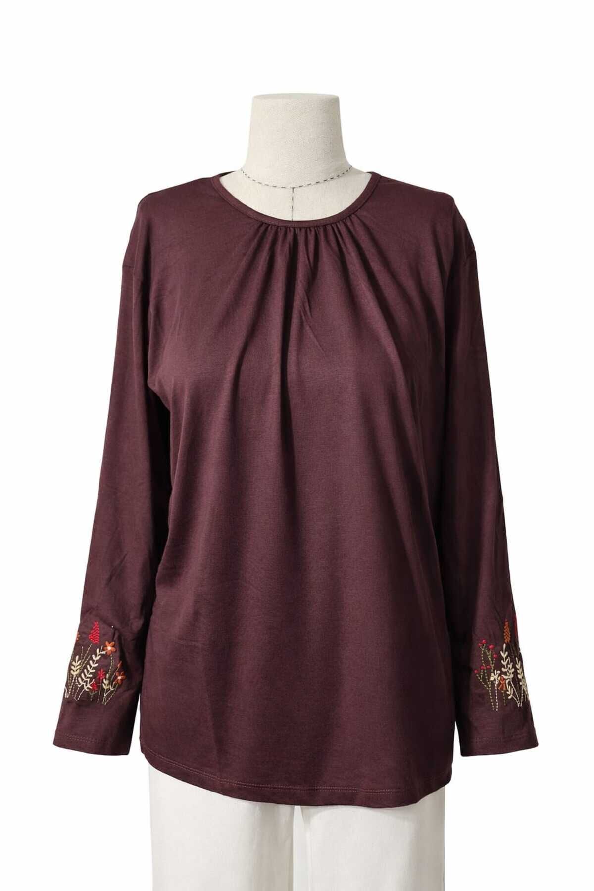 Kadın Likralı Orta Yaş Ve Üzeri Dört Mevsim Füme Anne Penye Bluz Yeni Sezon Kolu İşlemeli Kahverengi - 2XL