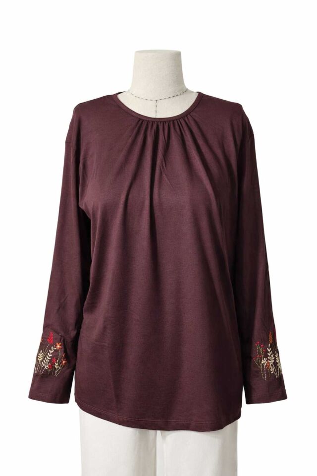 Kadın Likralı Orta Yaş Ve Üzeri Dört Mevsim Füme Anne Penye Bluz Yeni Sezon Kolu İşlemeli Kahverengi - 2XL