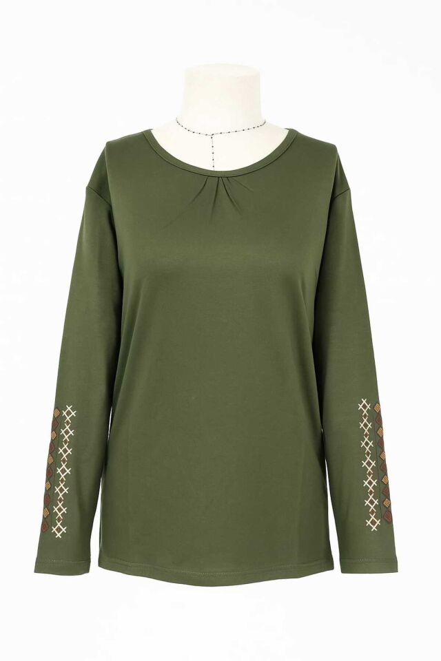 Kadın Likralı Orta Yaş Ve Üzeri Dört Mevsim Füme Anne Penye Bluz Yeni Sezon Kolu İşlemeli Haki - 2XL