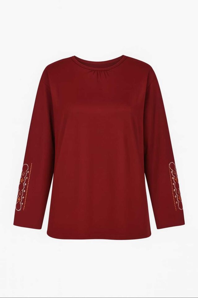 Kadın Likralı Orta Yaş Ve Üzeri Dört Mevsim Füme Anne Penye Bluz Yeni Sezon Kolu İşlemeli Bordo - L