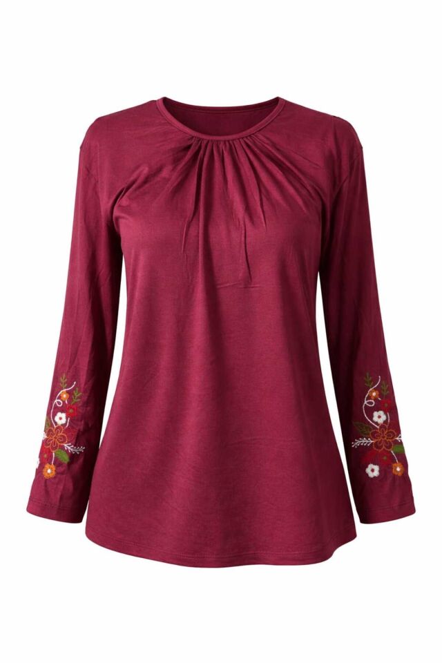 Kadın Likralı Orta Yaş Ve Üzeri Dört Mevsim Füme Anne Penye Bluz Yeni Sezon Kolu İşlemeli Bordo - L