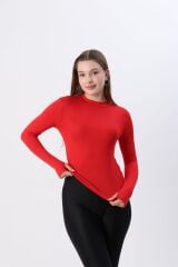 Kadın Beyaz Yarım Boğazlı Yarım Balıkçı Yaka Parmak Detaylı Penye Body Bluz Kırmızı - L