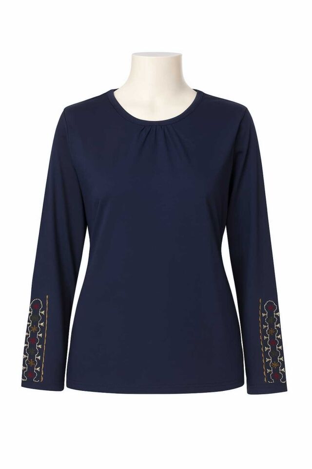 Kadın Likralı Orta Yaş Ve Üzeri Dört Mevsim Füme Anne Penye Bluz Yeni Sezon Kolu İşlemeli Lacivert - 2XL