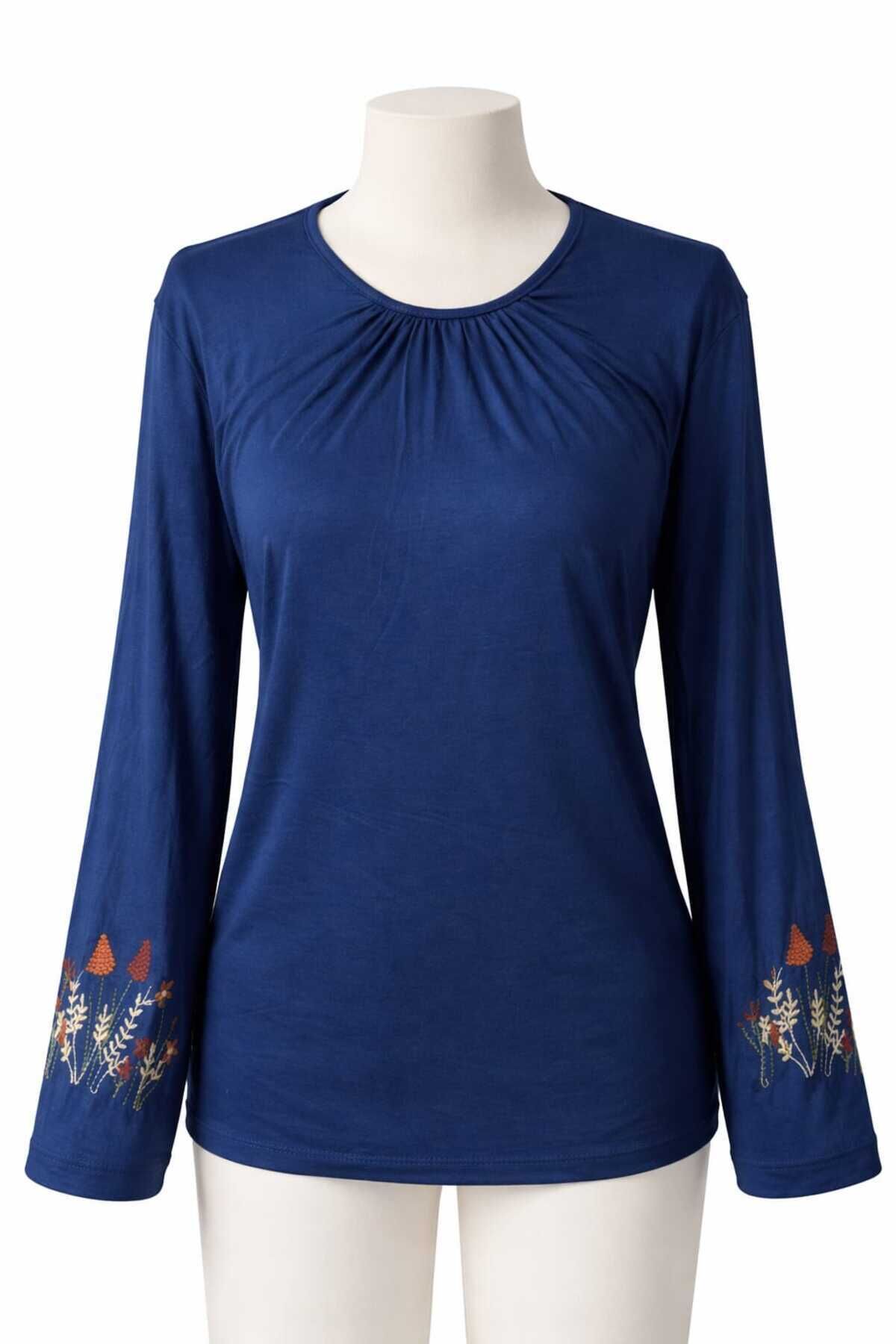 Kadın Likralı Orta Yaş Ve Üzeri Dört Mevsim Füme Anne Penye Bluz Yeni Sezon Kolu İşlemeli Mavi - 2XL