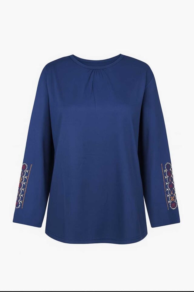 Kadın Likralı Orta Yaş Ve Üzeri Dört Mevsim Füme Anne Penye Bluz Yeni Sezon Kolu İşlemeli Mavi - 2XL
