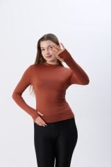 Kadın Beyaz Yarım Boğazlı Yarım Balıkçı Yaka Parmak Detaylı Penye Body Bluz Kahverengi - S