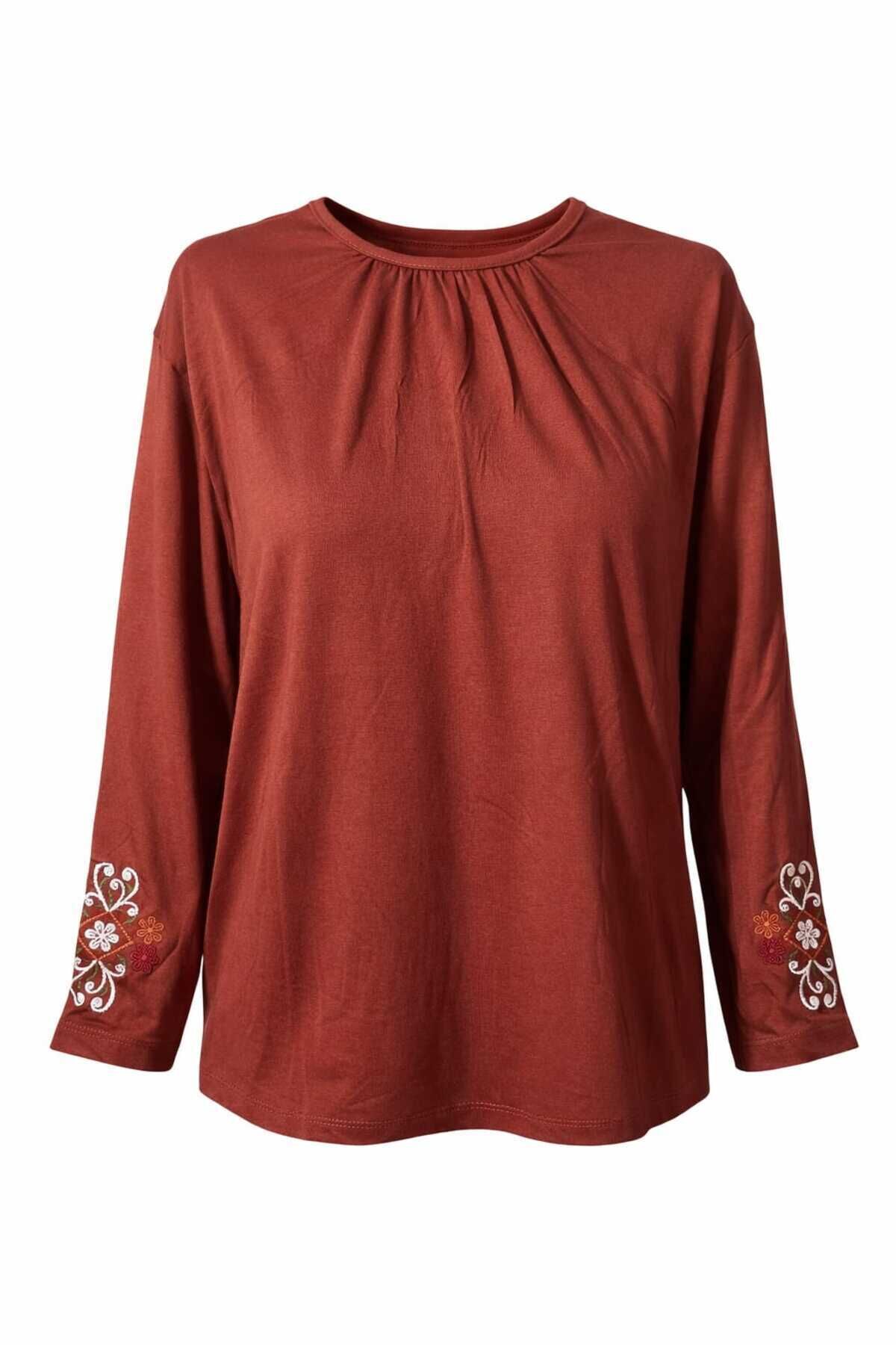 Kadın Likralı Orta Yaş Ve Üzeri Dört Mevsim Füme Anne Penye Bluz Yeni Sezon Kolu İşlemeli Turuncu - 2XL