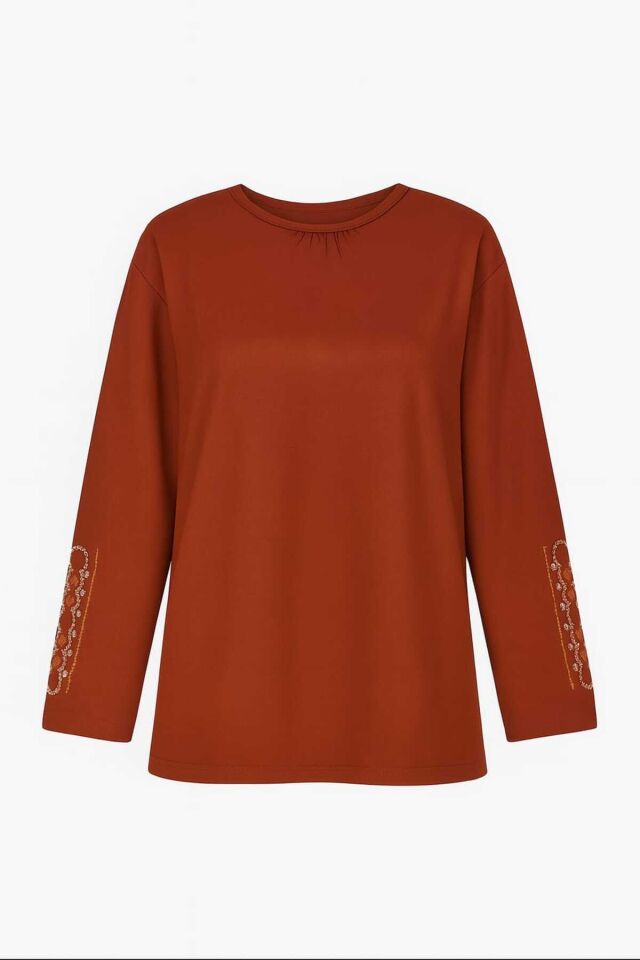 Kadın Likralı Orta Yaş Ve Üzeri Dört Mevsim Füme Anne Penye Bluz Yeni Sezon Kolu İşlemeli Turuncu - XL