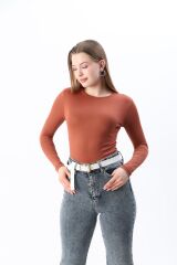 Kadın Kırmızı Yeni Sezon Bisiklet Yaka Body Kahverengi - M