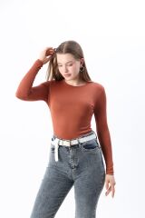 Kadın Kırmızı Yeni Sezon Bisiklet Yaka Body Kahverengi - M