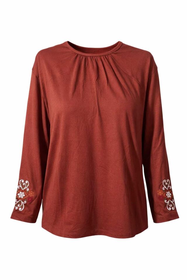 Kadın Likralı Orta Yaş Ve Üzeri Dört Mevsim Füme Anne Penye Bluz Yeni Sezon Kolu İşlemeli Turuncu - XL