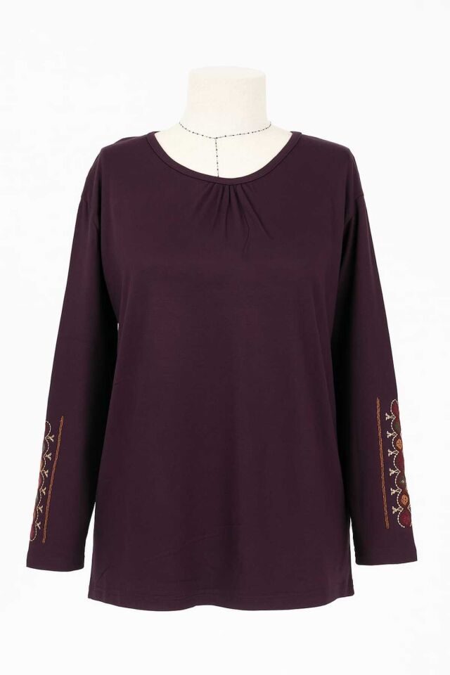 Kadın Likralı Orta Yaş Ve Üzeri Dört Mevsim Füme Anne Penye Bluz Yeni Sezon Kolu İşlemeli Mor - XL