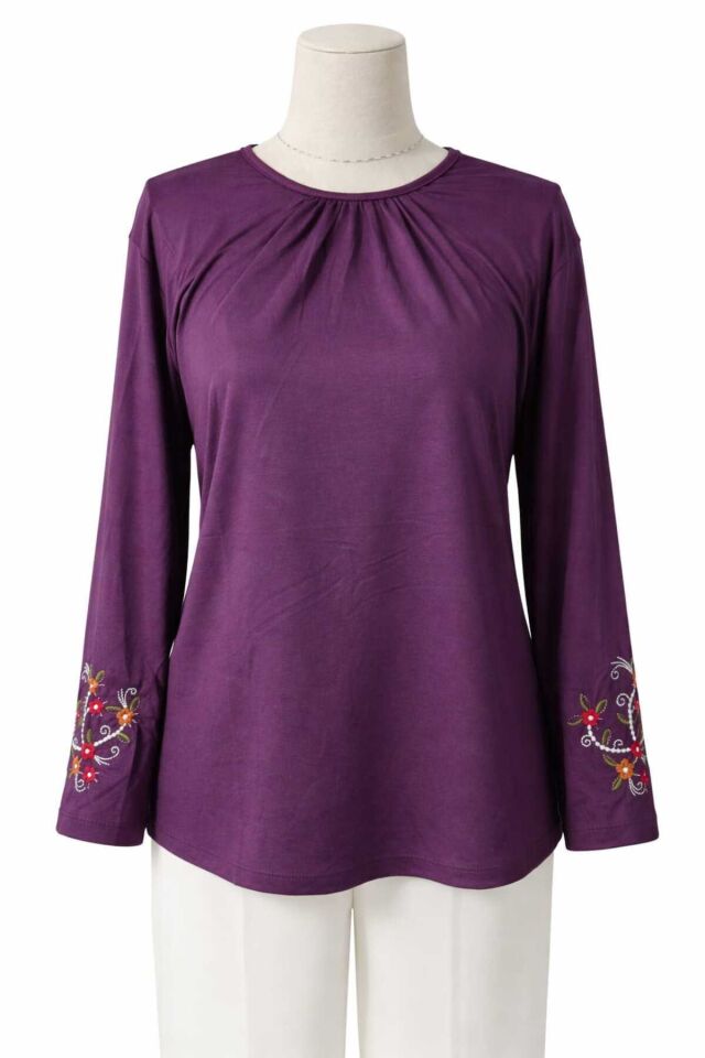 Kadın Likralı Orta Yaş Ve Üzeri Dört Mevsim Füme Anne Penye Bluz Yeni Sezon Kolu İşlemeli Mor - XL