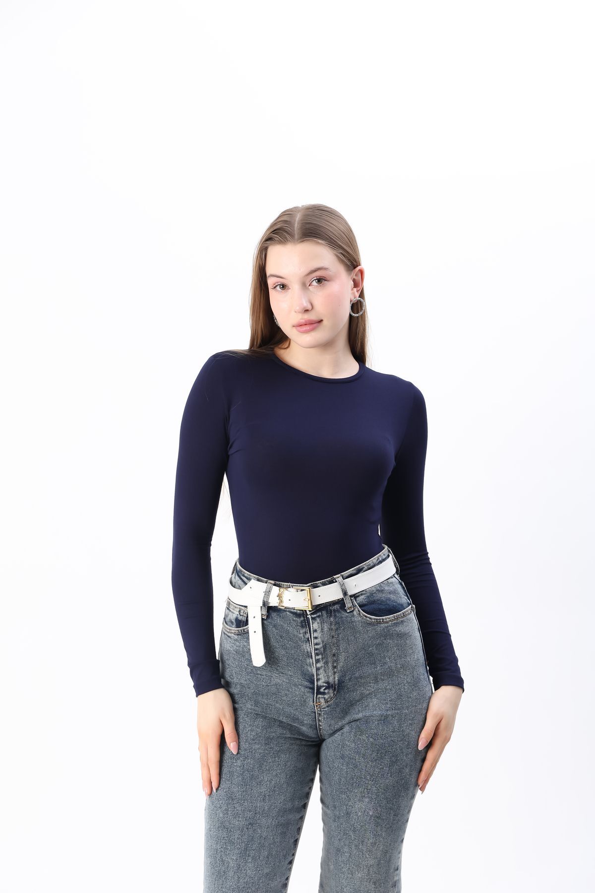 Kadın Kırmızı Yeni Sezon Bisiklet Yaka Body Lacivert - L