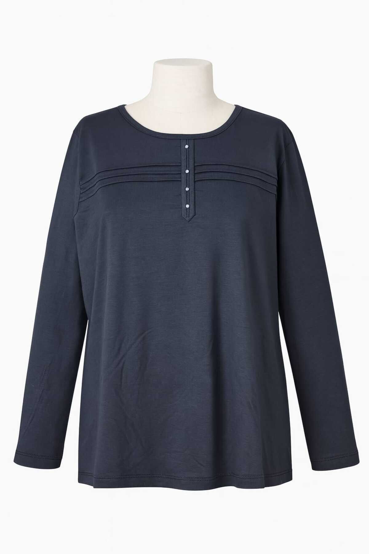 Kadın Likralı Büyük Beden Orta Yaş Ve Üzeri Füme Anne Penye Bluz Yeni Sezon Çizgili Şeritli Gri - 3XL