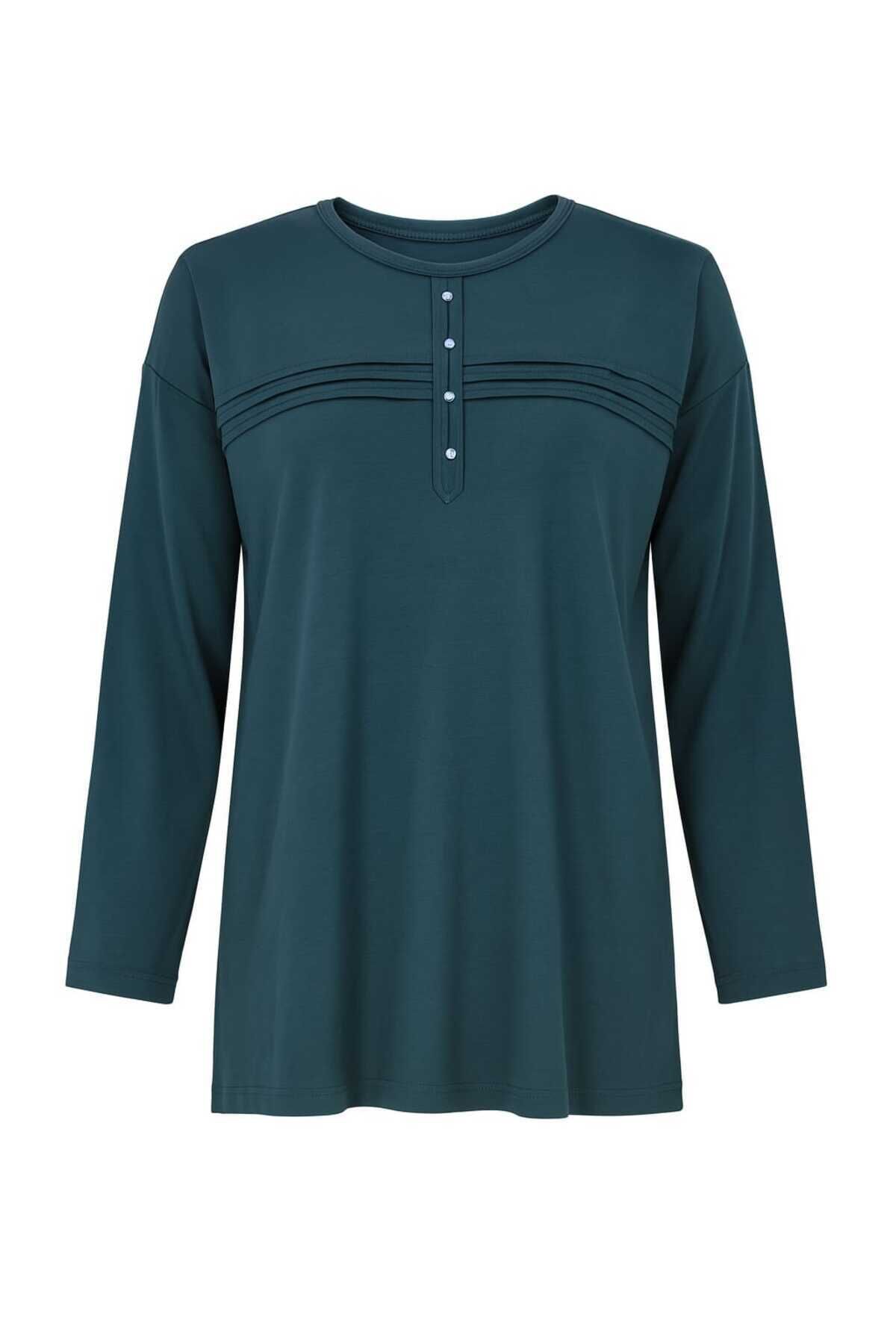 Kadın Likralı Büyük Beden Orta Yaş Ve Üzeri Füme Anne Penye Bluz Yeni Sezon Çizgili Şeritli Yeşil - 4XL