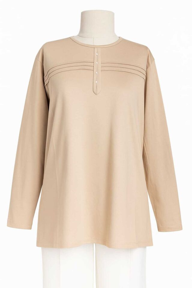 Kadın Likralı Büyük Beden Orta Yaş Ve Üzeri Füme Anne Penye Bluz Yeni Sezon Çizgili Şeritli Krem - M