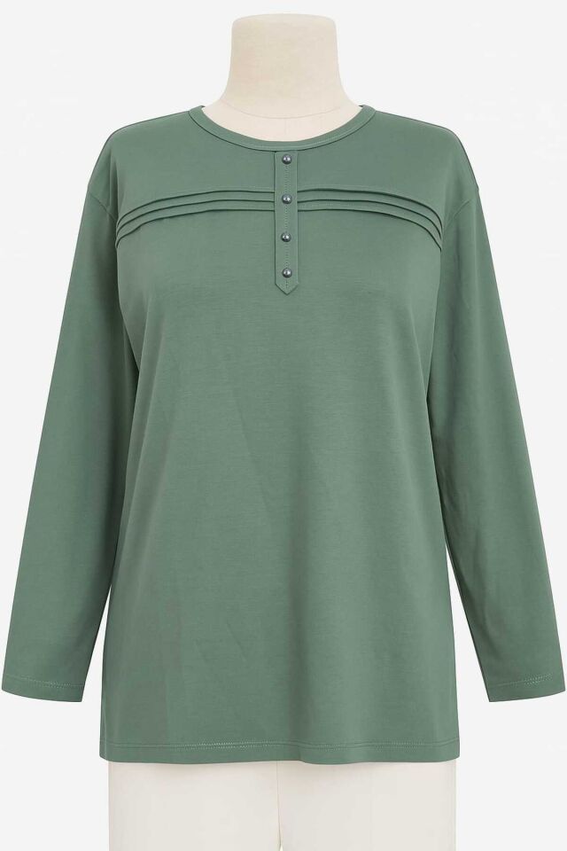 Kadın Likralı Büyük Beden Orta Yaş Ve Üzeri Füme Anne Penye Bluz Yeni Sezon Çizgili Şeritli Çağla Yeşili - M