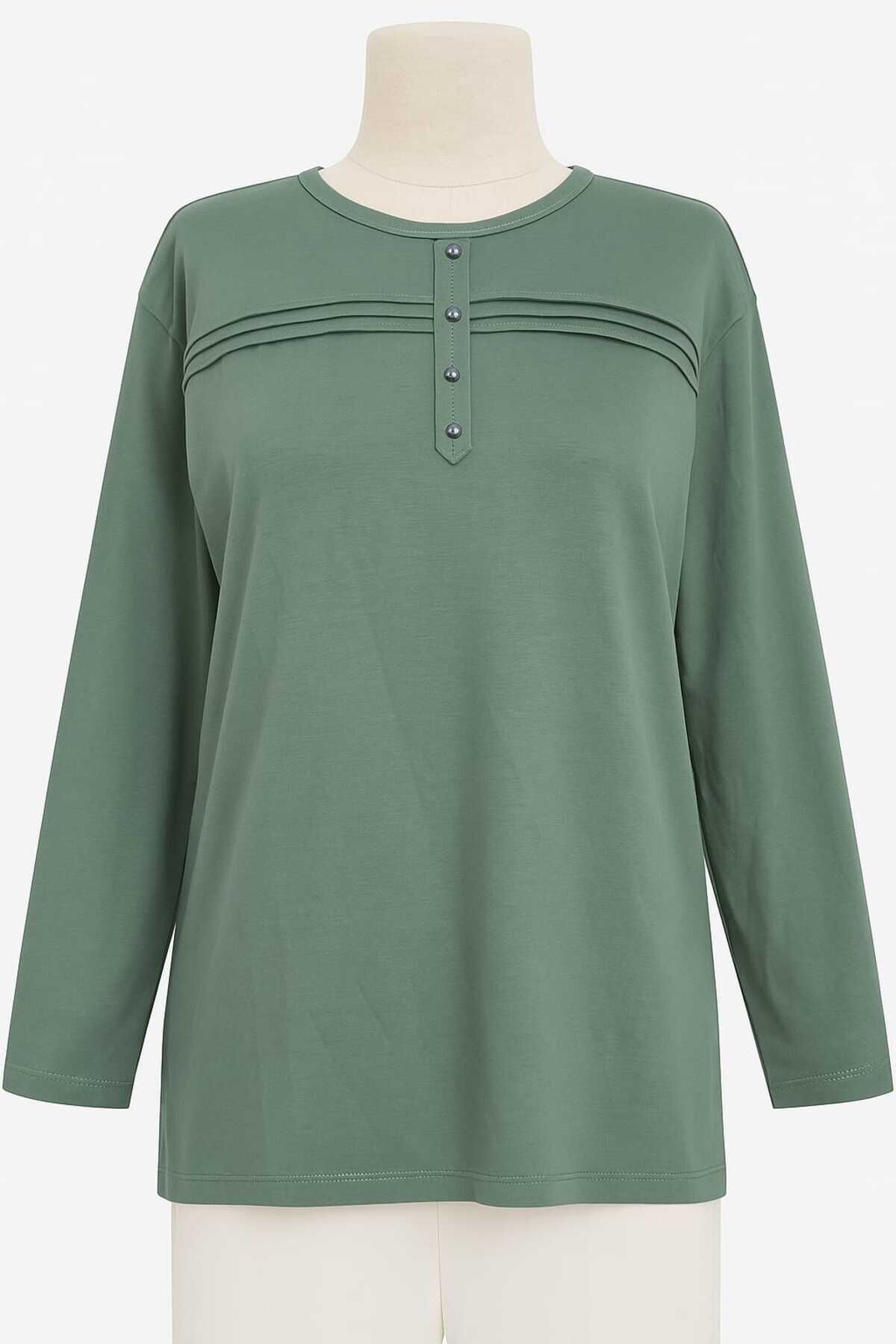 Kadın Likralı Büyük Beden Orta Yaş Ve Üzeri Füme Anne Penye Bluz Yeni Sezon Çizgili Şeritli Çağla Yeşili - M