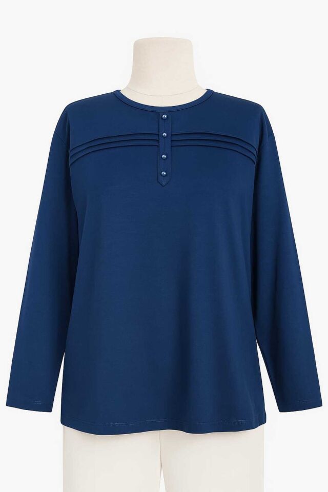 Kadın Likralı Büyük Beden Orta Yaş Ve Üzeri Füme Anne Penye Bluz Yeni Sezon Çizgili Şeritli Parlement Mavisi - M