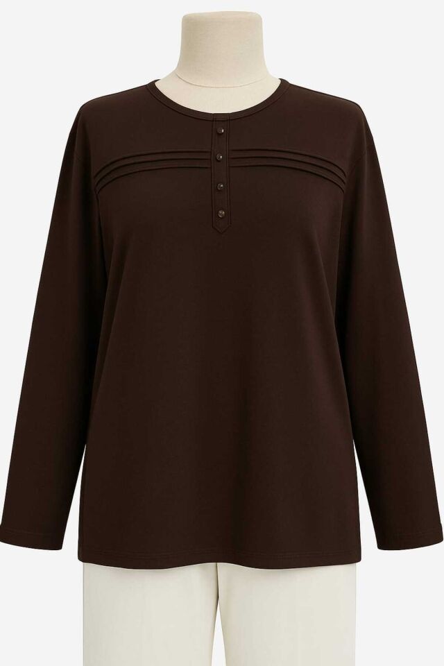 Kadın Likralı Büyük Beden Orta Yaş Ve Üzeri Füme Anne Penye Bluz Yeni Sezon Çizgili Şeritli Kahverengi - XL