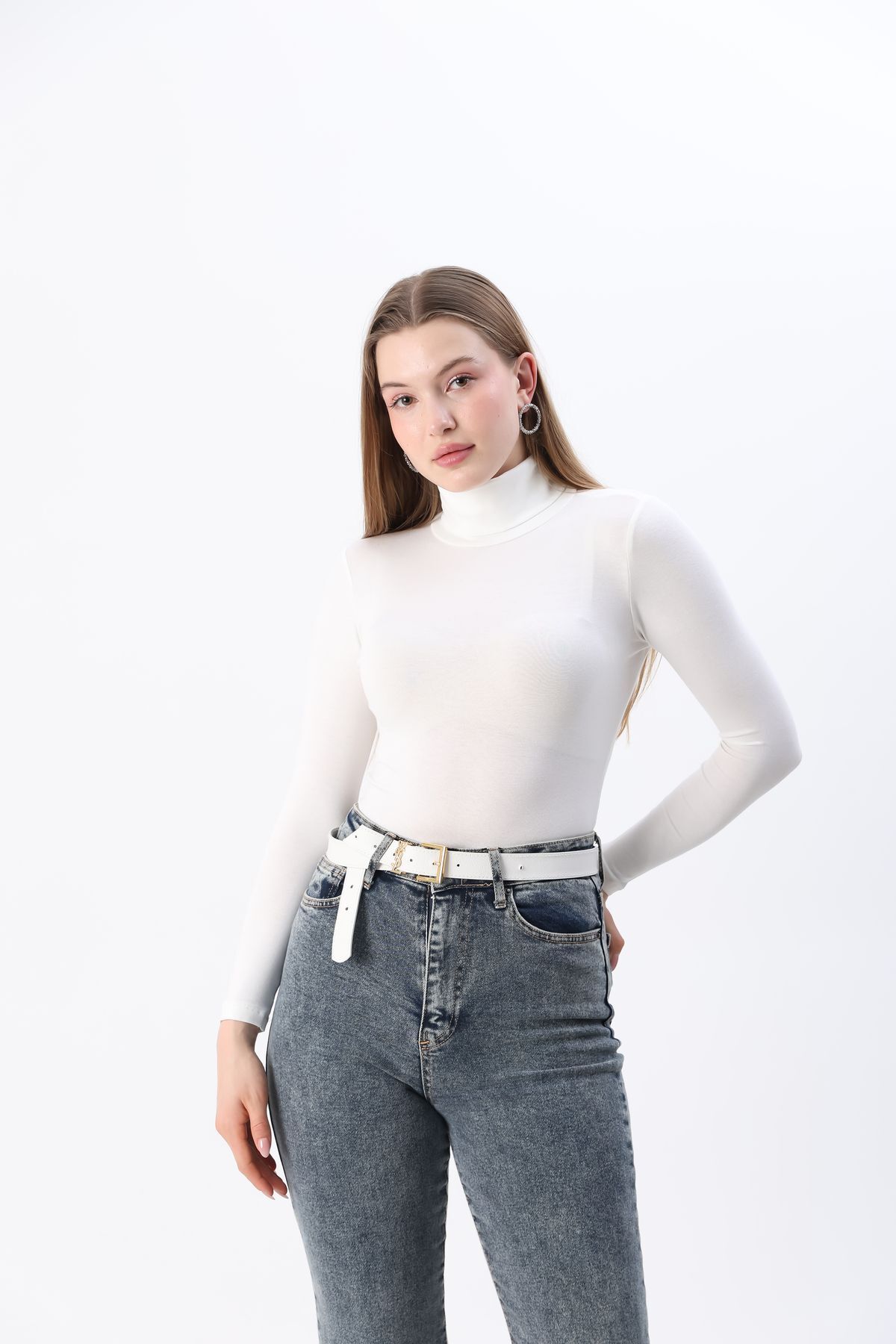 Kadın Beyaz Yeni Sezon Tam Boğazlı Balıkçı Yaka Penye Body Bluz Beyaz - M