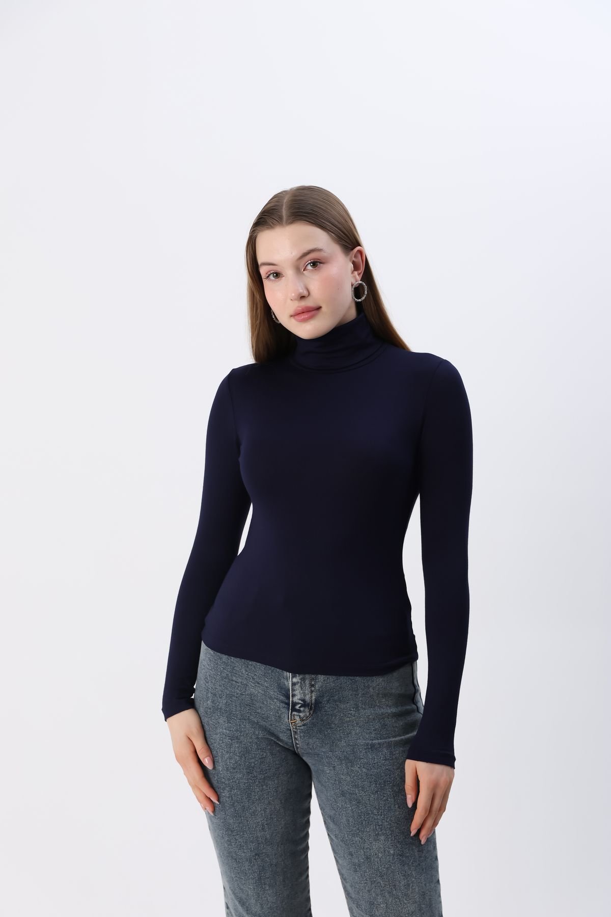Kadın Beyaz Yeni Sezon Tam Boğazlı Balıkçı Yaka Penye Body Bluz Lacivert - M