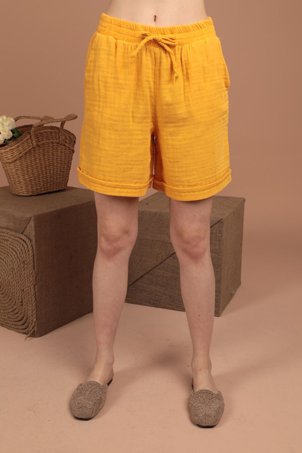 Müslin Kumaş Yazlık Kumaş Kadın Şort Siyah Yeni Sezon Hardal - M