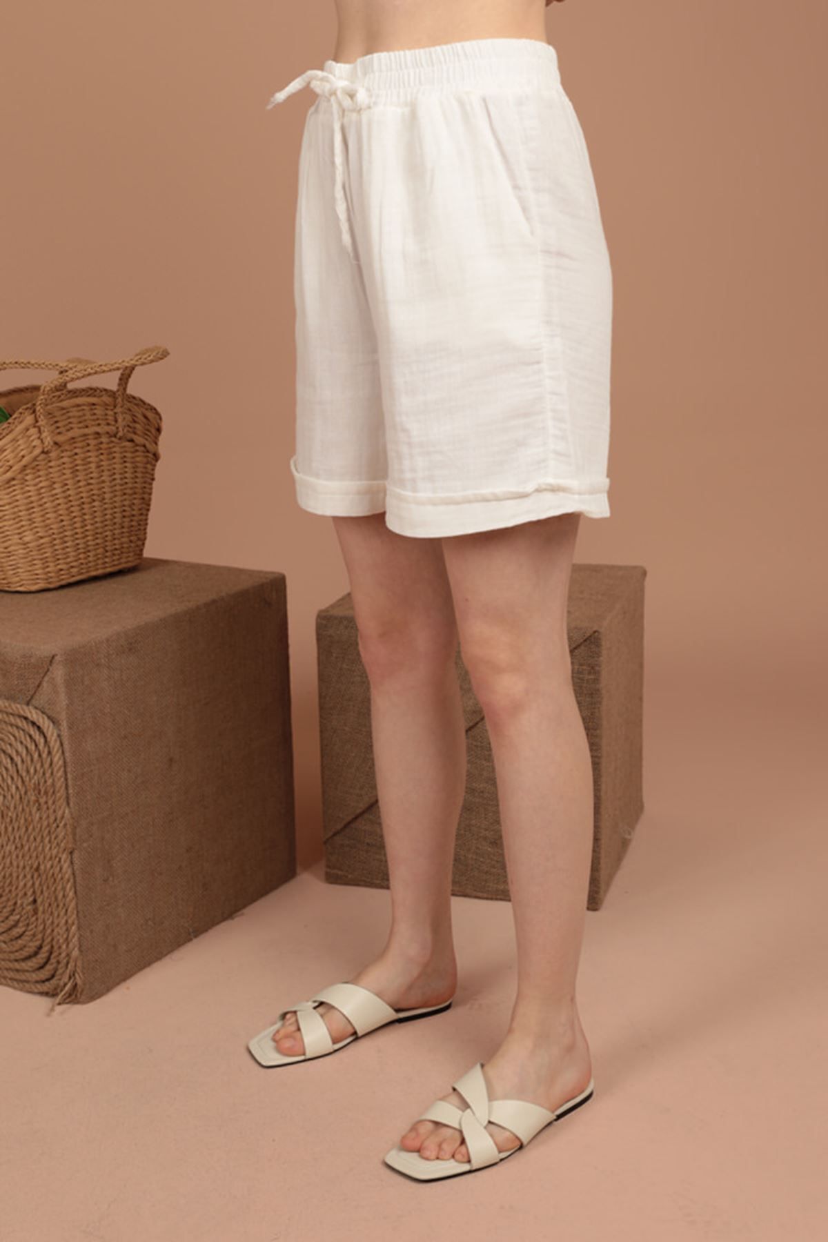 Müslin Kumaş Yazlık Kumaş Kadın Şort Siyah Yeni Sezon Ekru - XL