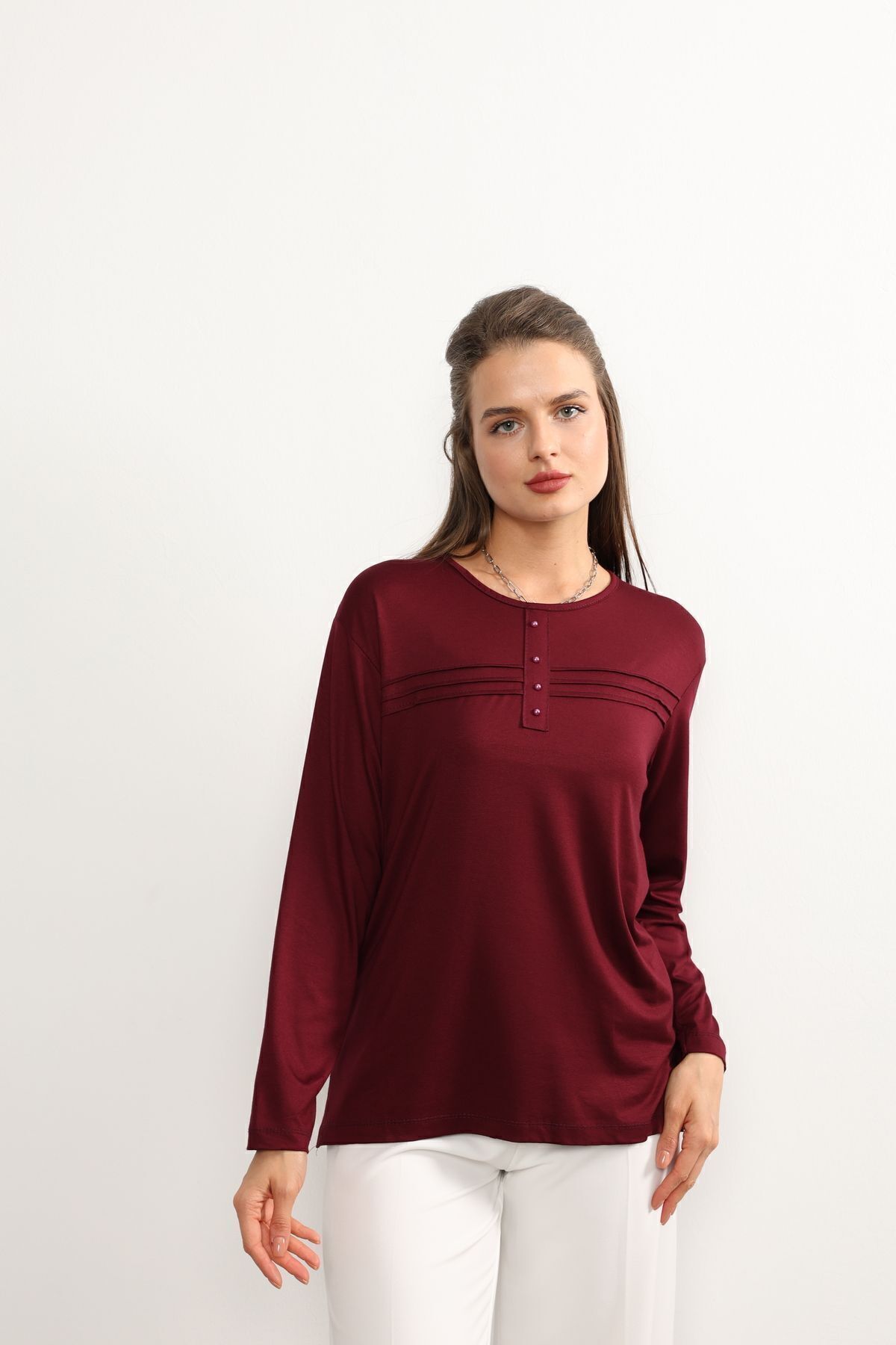 Kadın Likralı Büyük Beden Orta Yaş Ve Üzeri Dört Mevsim Kiremit Anne Penye Bluz Çizgili Şeritli Bordo - 2XL