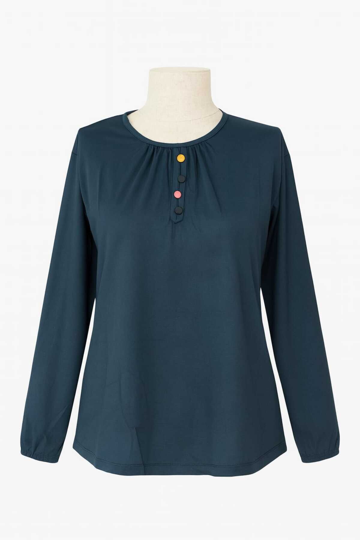 Kadın Likralı Orta Yaş Ve Üzeri Dört Mevsim Yeşil Anne Penye Bluz Düğme Desenli Lastikli Kol Yeşil - M