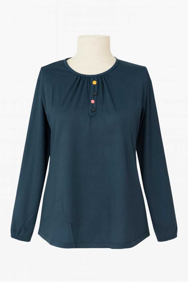 Kadın Likralı Orta Yaş Ve Üzeri Dört Mevsim Yeşil Anne Penye Bluz Düğme Desenli Lastikli Kol Yeşil - M