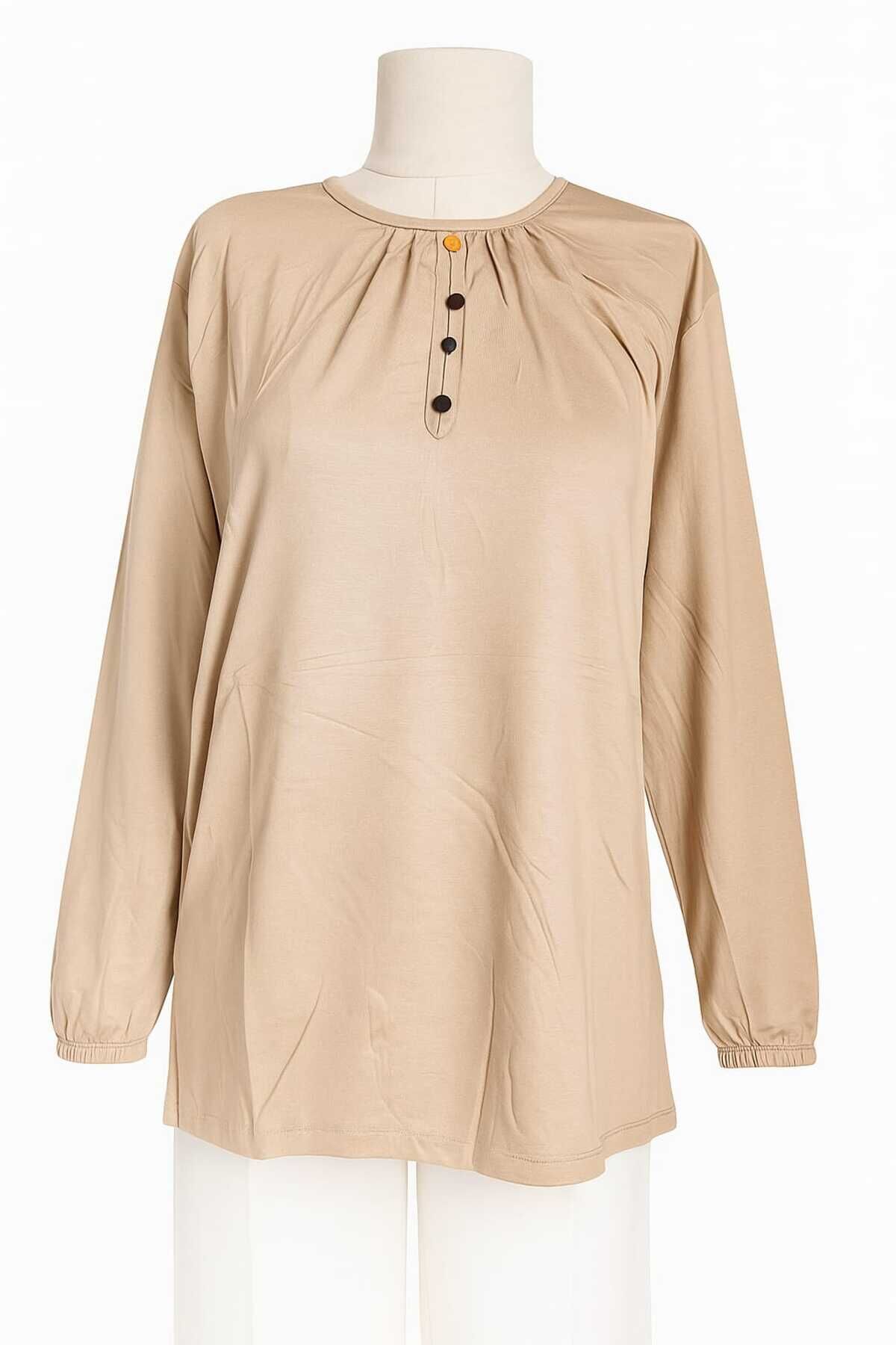 Kadın Likralı Orta Yaş Ve Üzeri Dört Mevsim Yeşil Anne Penye Bluz Düğme Desenli Lastikli Kol Krem - 2XL