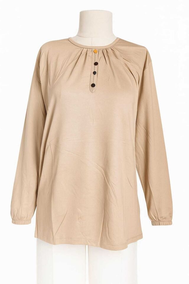 Kadın Likralı Orta Yaş Ve Üzeri Dört Mevsim Yeşil Anne Penye Bluz Düğme Desenli Lastikli Kol Krem - 2XL