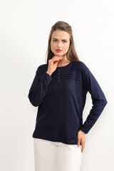 Kadın Likralı Büyük Beden Orta Yaş Ve Üzeri Dört Mevsim Kiremit Anne Penye Bluz Çizgili Şeritli Laci̇vert - 2XL