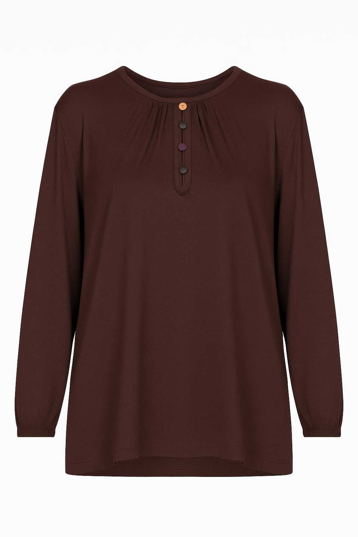 Kadın Likralı Orta Yaş Ve Üzeri Dört Mevsim Yeşil Anne Penye Bluz Düğme Desenli Lastikli Kol Kahverengi - M