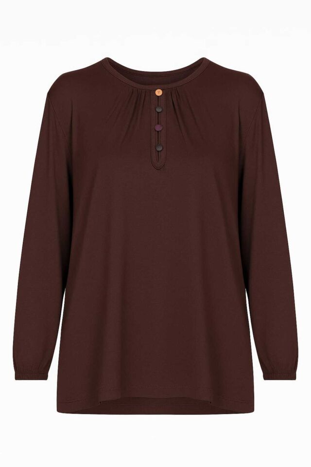 Kadın Likralı Orta Yaş Ve Üzeri Dört Mevsim Yeşil Anne Penye Bluz Düğme Desenli Lastikli Kol Kahverengi - M