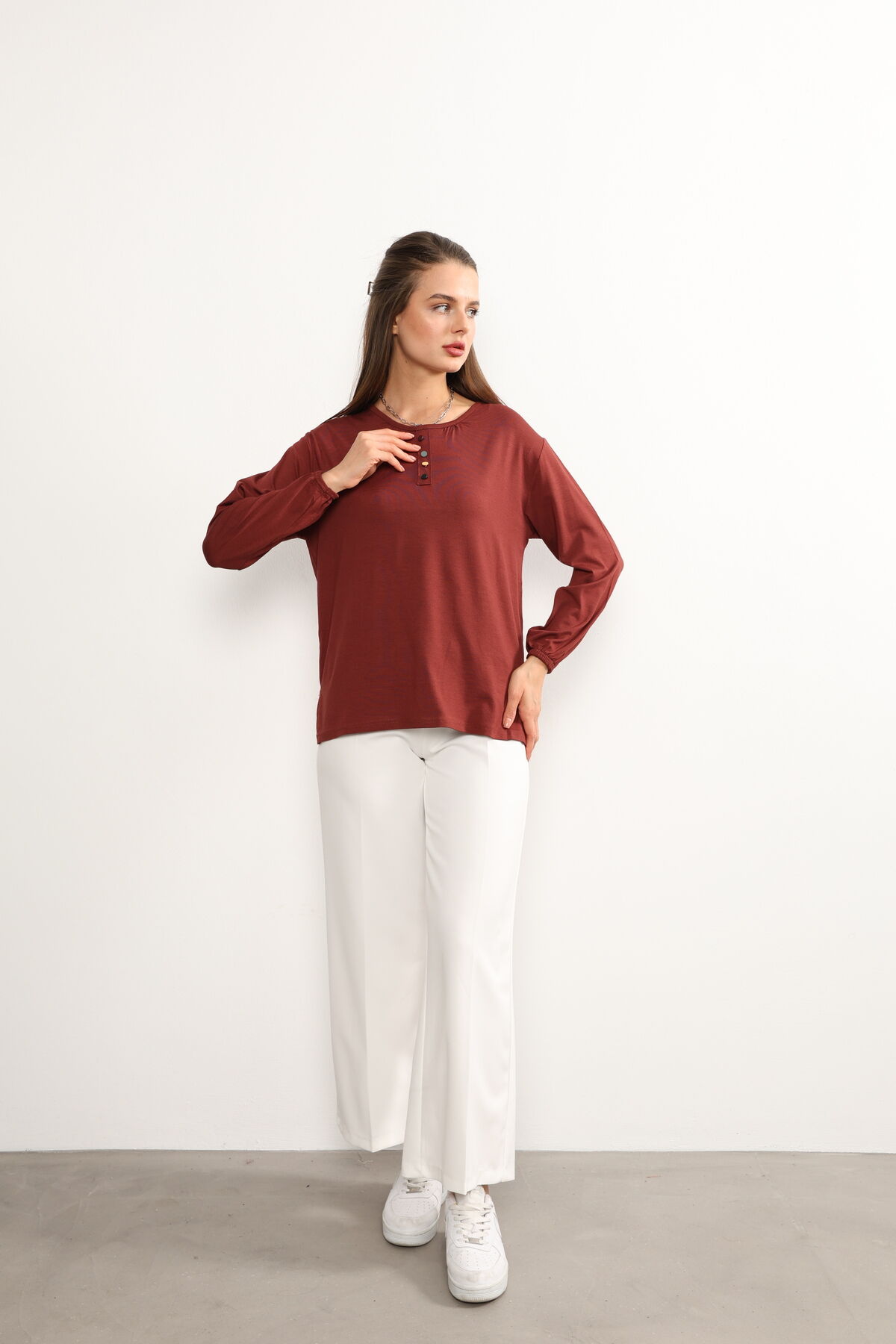 Kadın Likralı Orta Yaş Ve Üzeri Dört Mevsim Yeşil Anne Penye Bluz Düğme Desenli Lastikli Kol Kiremit - 3XL