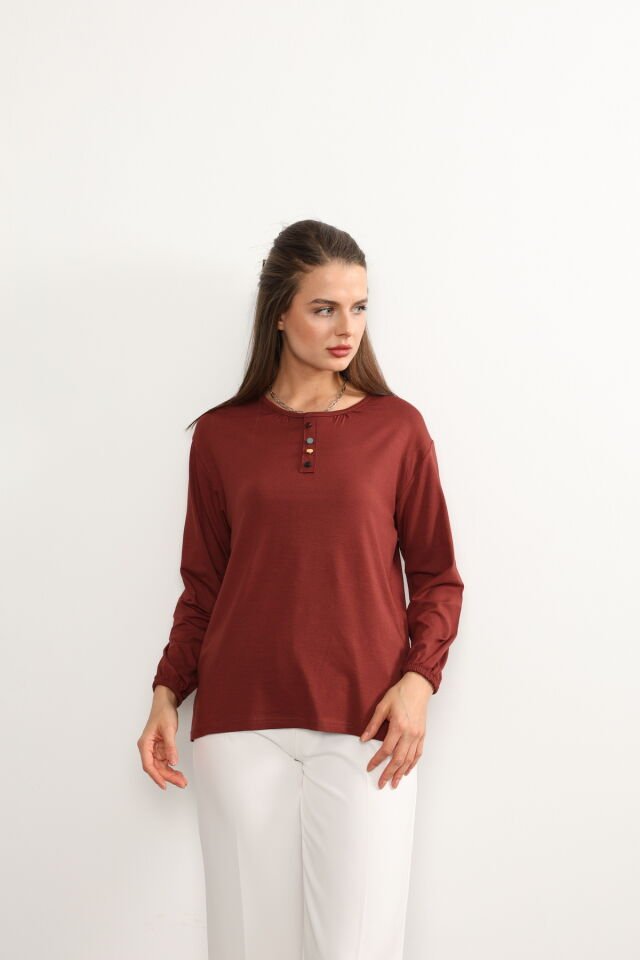 Kadın Likralı Orta Yaş Ve Üzeri Dört Mevsim Yeşil Anne Penye Bluz Düğme Desenli Lastikli Kol Kiremit - 3XL