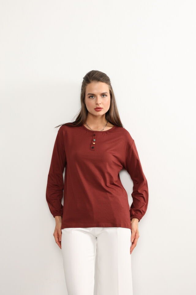 Kadın Likralı Orta Yaş Ve Üzeri Dört Mevsim Yeşil Anne Penye Bluz Düğme Desenli Lastikli Kol Kiremit - 3XL