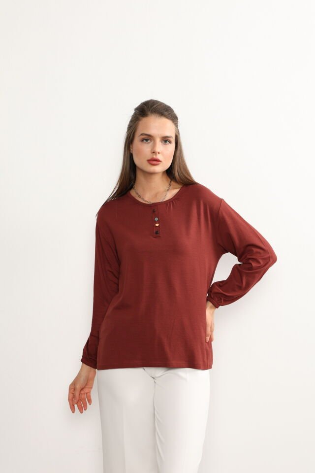 Kadın Likralı Orta Yaş Ve Üzeri Dört Mevsim Yeşil Anne Penye Bluz Düğme Desenli Lastikli Kol Kiremit - 3XL