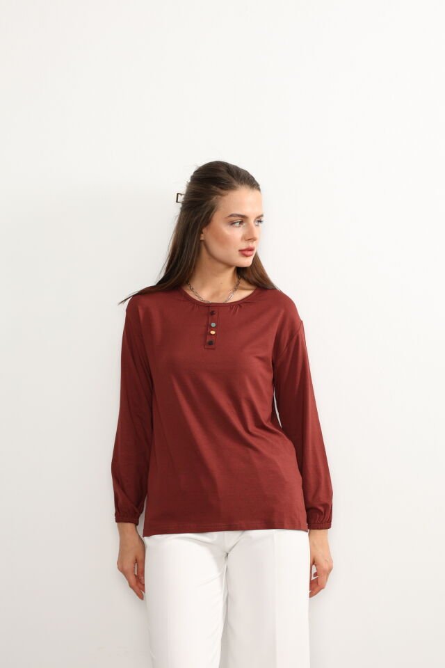 Kadın Likralı Orta Yaş Ve Üzeri Dört Mevsim Yeşil Anne Penye Bluz Düğme Desenli Lastikli Kol Kiremit - 3XL