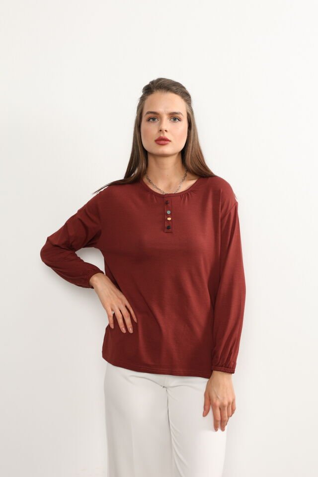 Kadın Likralı Orta Yaş Ve Üzeri Dört Mevsim Yeşil Anne Penye Bluz Düğme Desenli Lastikli Kol Kiremit - 3XL