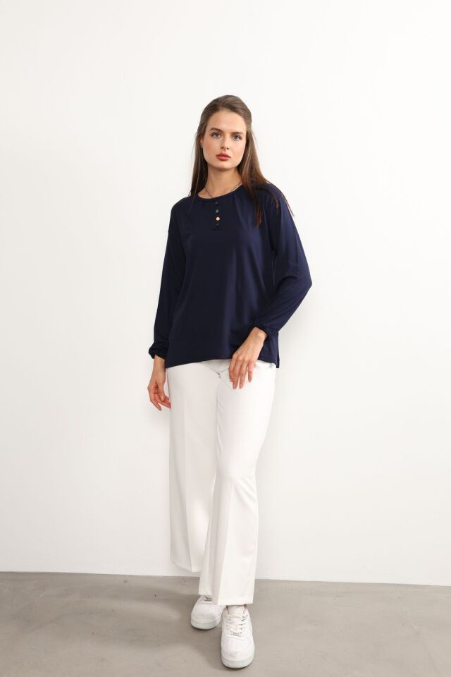 Kadın Likralı Orta Yaş Ve Üzeri Dört Mevsim Yeşil Anne Penye Bluz Düğme Desenli Lastikli Kol Lacivert - 5XL