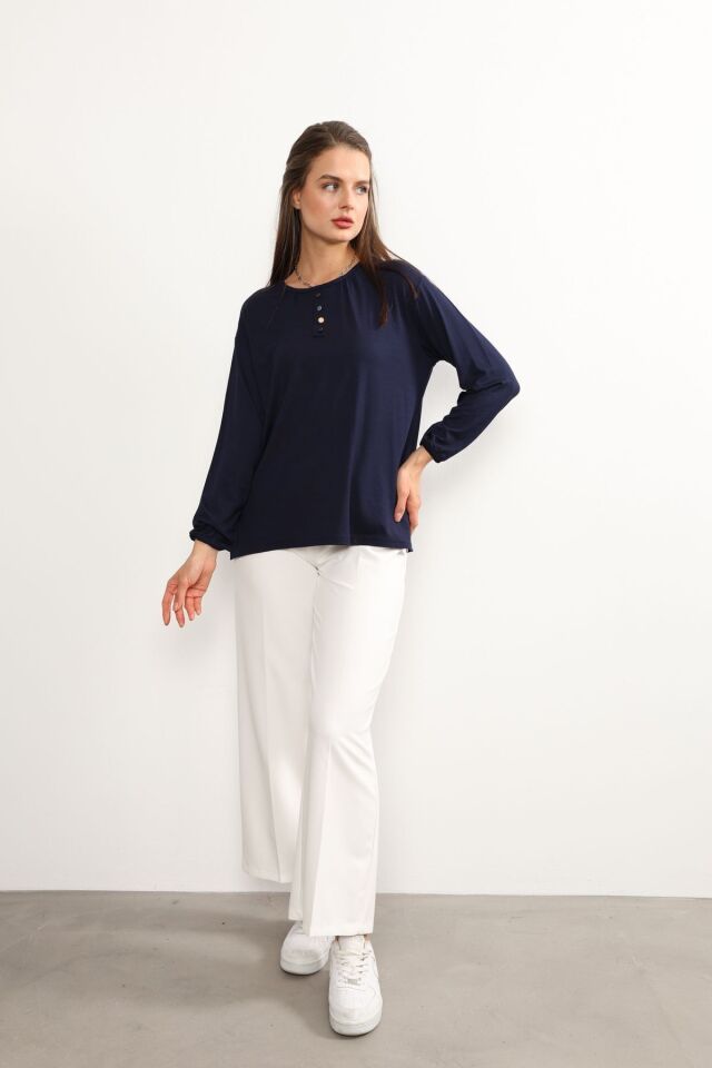 Kadın Likralı Orta Yaş Ve Üzeri Dört Mevsim Yeşil Anne Penye Bluz Düğme Desenli Lastikli Kol Lacivert - 5XL