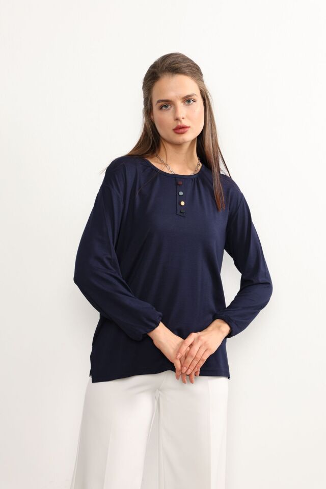 Kadın Likralı Orta Yaş Ve Üzeri Dört Mevsim Yeşil Anne Penye Bluz Düğme Desenli Lastikli Kol Lacivert - 5XL