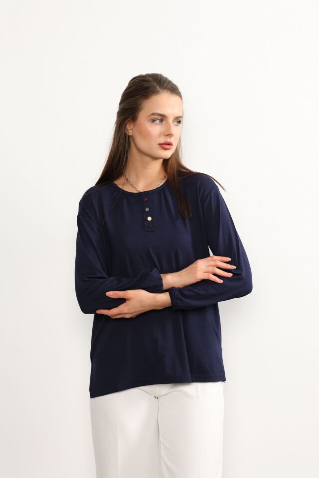 Kadın Likralı Orta Yaş Ve Üzeri Dört Mevsim Yeşil Anne Penye Bluz Düğme Desenli Lastikli Kol Lacivert - 5XL